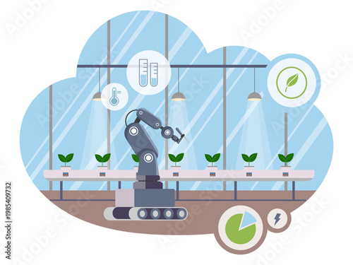 Robotic arm tending small plants in flat style on a bright background, representing smart farm technology concept. Vector illustration