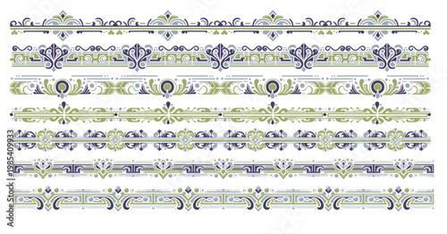 Floral art border set with ornamental vintage style for wedding invitations and textile design projects