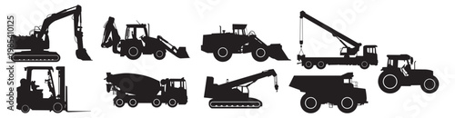 construction vehicles lined up depicted as black