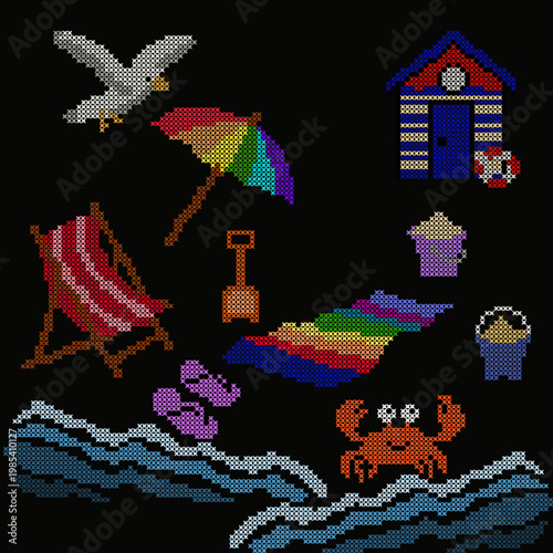 Summer beach elements collection in cross stitch embroidery style on black background, pixel art seaside icons set.