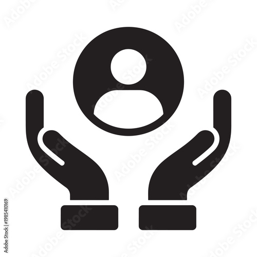 Black silhouette of hands cradling a circular profile icon