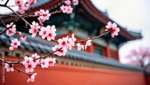 Pink Cherry Blossoms in Front of Traditional Japanese Temple