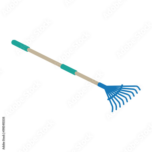 blue garden rake with green handle for yard work and leaf cleanup