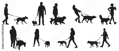  collection of walk with dog silhouettes in different poses 