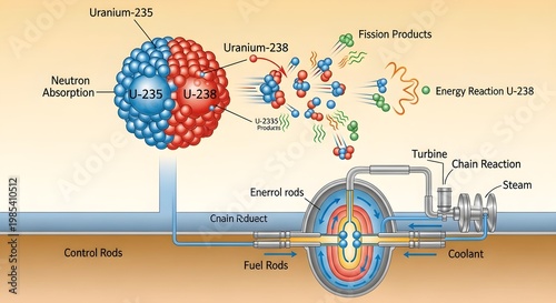 Educational diagram of nuclear reactor showing uranium‑235 and uranium‑238 fission, neutron absorption, release of fission products and heat that boils water into steam, driving turbine and generator 