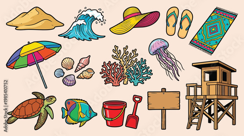 A vibrant collection of beach-themed illustrations, including a lifeguard tower, umbrella, sandcastle, turtle, fish, and various marine life.