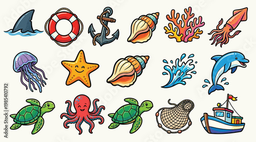 A vibrant collection of cartoon-style marine life and nautical elements, including sea creatures, shells, coral, and a boat.