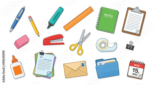 A collection of various office and school supplies arranged on a white background, including pens, pencils, scissors, and a stapler.