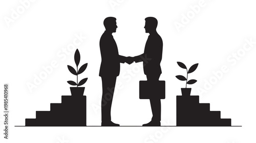 Partnership Handshake Silhouette of Businessmen with Briefcase and Plants on Stairs for Growth and Success Concept