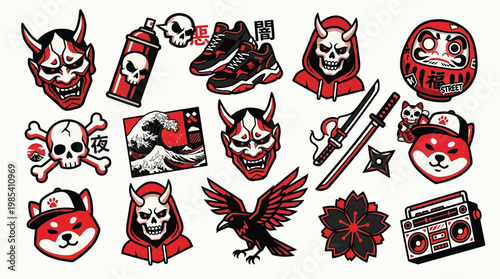 A collection of Japanese-inspired graphic elements featuring skulls, demons, animals, and cultural symbols in red and black.