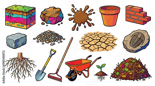 A collection of illustrations depicting various soil types, gardening tools, and related elements, including soil layers, rocks, mud, a pot, bricks, a wheelbarrow, roots, and a seedling.