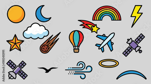 A collection of colorful cartoon-style icons representing celestial bodies, weather phenomena, and modes of transportation.