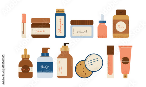 Set of Natural Ingredients Cosmetic and Eco Friendly Skincare Packaging Flat Vector Illustration