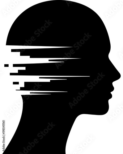 Human head profile silhouette with horizontal digital pixelated motion blur effect on white background