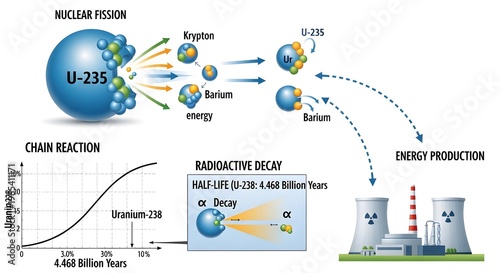 Diagram explaining nuclear fission of uranium‑235, showing splitting nucleus into krypton and barium, release of neutrons and energy, radioactive decay and chain reaction curve leading to large‑scale 