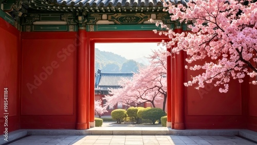 Traditional Korean Temple Gate Framing Pink Cherry Blossoms