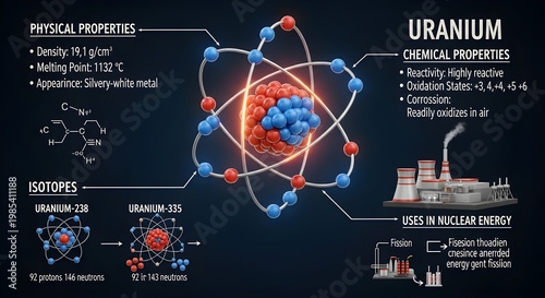 Detailed uranium infographic illustrating atomic nucleus, physical and chemical properties, key isotopes U‑235 and U‑238, oxidation states, radioactivity and primary use in nuclear reactors for electr
