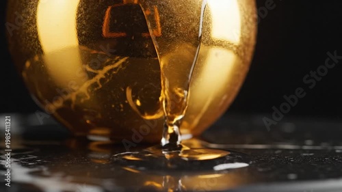 Golden sphere with dripping liquid, macro shot, luxurious background