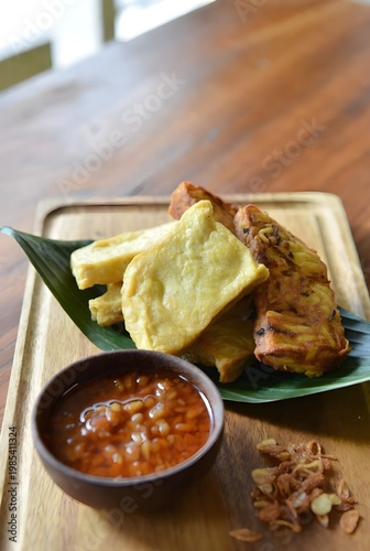 Indonesian Fried Tofu and Tempeh Appetizer with Spicy Chili Sambal Sauce