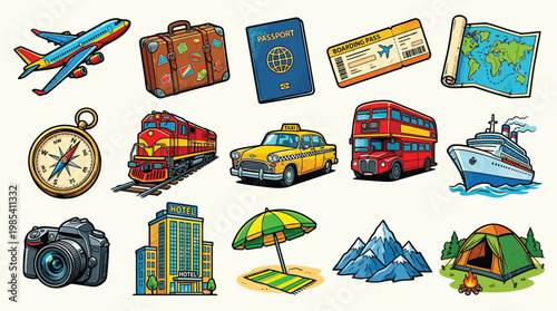 A vibrant collection of travel and transportation icons, including an airplane, suitcase, passport, train, taxi, bus, ship, camera, hotel, and camping gear.