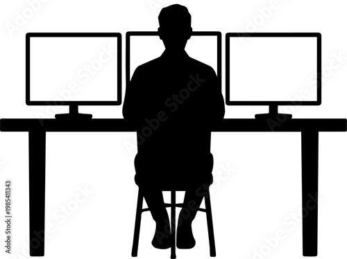 Black Silhouette of a Person Sitting at a Desk Using Three Computer Monitors