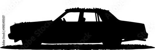Silhouette of an Abandoned Vintage Sedan Car with Leaves on Roof Isolated on White Background Vector Illustration