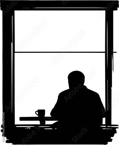 Black and White Silhouette of a Person Sitting by a Window with a Coffee Cup