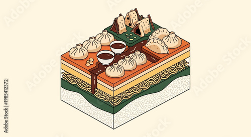 Isometric Cutaway of Asian Food Layer with Dim Sum, Onigiri, and Noodles Vector Illustration.