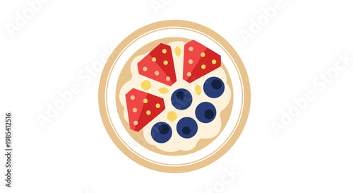 Illustration of a bowl of oatmeal topped with vibrant fruit including strawberries and blueberries, on a white background, showcasing a healthy breakfast option