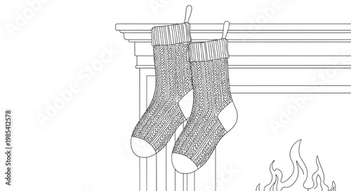 Cozy warm socks hanging above a crackling fireplace in a detailed line art illustration, capturing a serene and inviting winter atmosphere