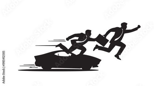 Corporate Competition and Urgency Silhouette of Businessmen Racing and Jumping Over Car with Briefcase