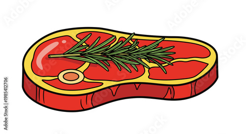 Illustration of a raw beef steak with a sprig of fresh rosemary on top, vibrant red and green colors, isolated on a white background