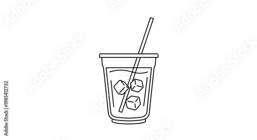 Minimalist line drawing of a cup filled with iced green tea and a straw, showcasing simplicity and elegance on a white background