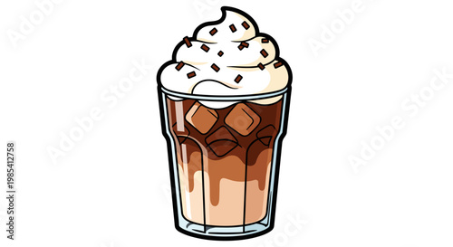 Illustration of a refreshing iced mocha topped with whipped cream and chocolate sprinkles in a clear glass against a white background