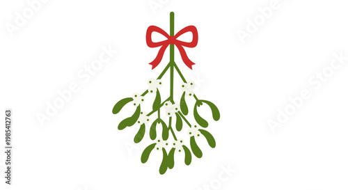 Festive mistletoe with green leaves and white berries hanging above with a red ribbon on a white background, symbolizing holiday tradition and romance