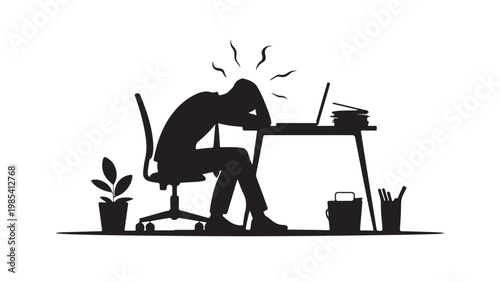 Burnout and Stress at Work Silhouette of Exhausted Businessman Sitting at Office Desk with Laptop