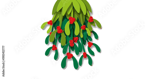 Festive mistletoe with vibrant green leaves and red berries hanging above on a white background, showcasing a holiday-themed illustration with a clean design