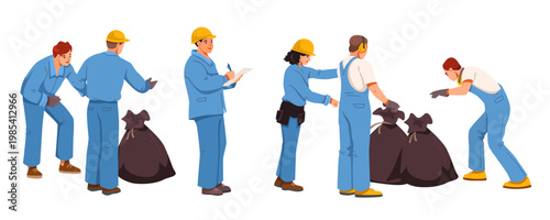 Workers managing waste bags in a cartoon style on a white background, showing a concept of recycling. Vector illustration