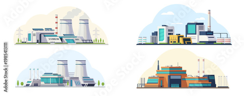 Modern factory set shown in flat graphic style on simple backgrounds, concept of industrial facilities. Vector illustration