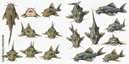 Set of various views of a Pleco fish isolated on a transparent background, detailed illustration.