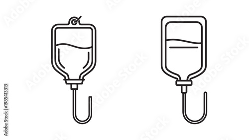 Simple Line Art Illustration of Two Intravenous Fluid Bags, Essential Medical Icons Representing Healthcare, Hospital Treatment, and Infusion Therapy for Patients in Clinics.