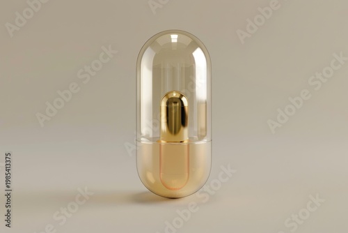 Golden pill enclosed in a transparent capsule represents innovative medicine, health, and wellness