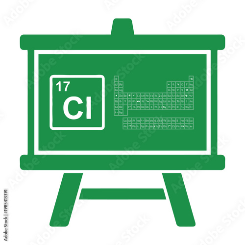 Chlorine Chemical Element Symbol on Green Classroom Chalkboard with Periodic Table Background