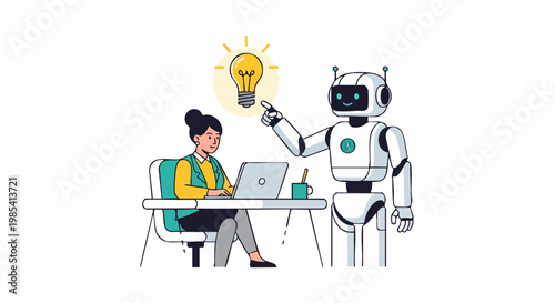 Idea and Technology Collaboration: A woman and a robot work together, symbolizing innovation and collaboration between humans and artificial intelligence in a modern workspace.