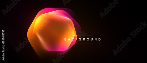 Abstract vibrant shape dominates black space. Orange, pink hues blend, creating dynamic visual effect. Modern design element.