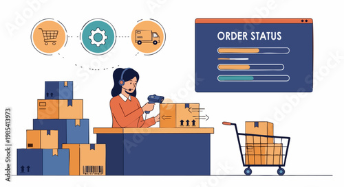Efficient Order Processing: An illustration of a customer service representative actively manages and tracks orders with precision, scanning parcels to ensure accurate and timely delivery.