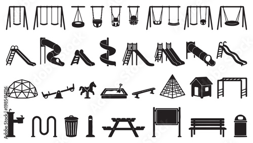 Playground Equipment Silhouette Set for Children Park Design, School Facility Planning, Recreation Space and Landscape Architecture Projects