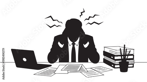 Stressed Businesswoman Silhouette at Desk with Laptop and Messy Papers Overwhelmed by Workload