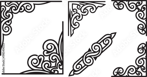 Ornate border elements, black floral designs, vector frame corners, swirling patterns