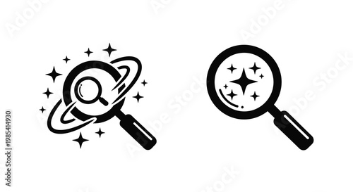 Magnifying glass explores a planetary system black graphic silhouette